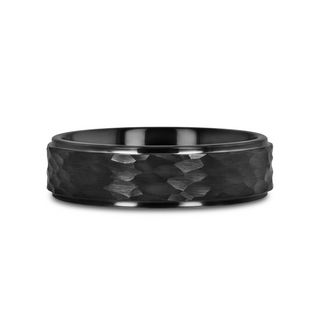 REBEL Raised Hammer Finish Step Edge Black Tungsten Carbide Wedding Band with Brushed Finish - 6mm or 8mm