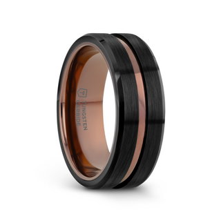 NEVAN Flat Brushed Black Tungsten Men's Wedding Band With Espresso Groove Center - 8mm