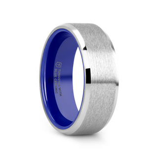 SIRIUS Flat Beveled-Edged Tungsten Ring with Brushed Center and Vibrant Blue Ceramic Inside - 8mm