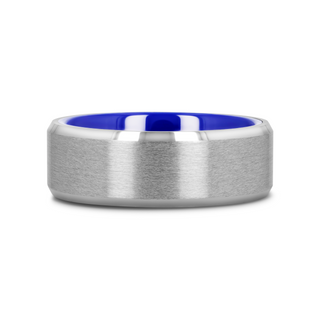 SIRIUS Flat Beveled-Edged Tungsten Ring with Brushed Center and Vibrant Blue Ceramic Inside - 8mm