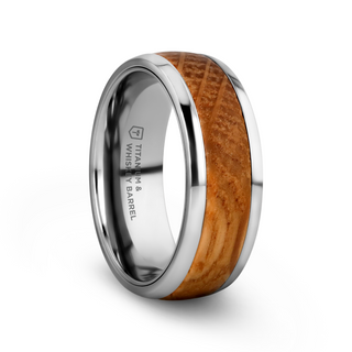 STAVE Whiskey Barrel Inlaid Titanium Men's Wedding Band With Domed Polished Edges Made From Genuine Whiskey Barrels - 8mm