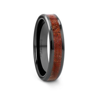 TRIASSIC Red Dinosaur Bone Inlaid Black Ceramic Beveled Edged Ring - 4mm