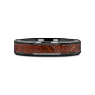 TRIASSIC Red Dinosaur Bone Inlaid Black Ceramic Beveled Edged Ring - 4mm & 8mm
