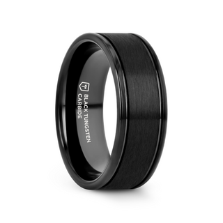 TURNER Flat Brushed Finish Center Black Tungsten Carbide Wedding Band with Dual Offset Grooves and Polished Edges - 6mm & 8mm