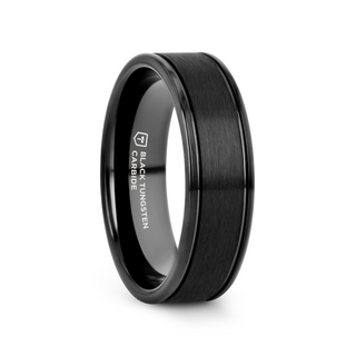 TURNER Flat Brushed Finish Center Black Tungsten Carbide Wedding Band with Dual Offset Grooves and Polished Edges - 6mm & 8mm