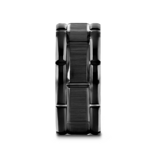 WINDSOR Beveled Black Tungsten Carbide Wedding Band with Brush Finished Center and Alternating Grooves - 8mm & 10mm