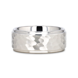 WINSTON White Tungsten Ring with Raised Hammered Finish and Polished Step Edges - 4mm - 10mm
