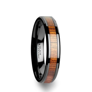 ACACIA Koa Wood Inlaid Black Ceramic Ring with Bevels - 4mm - 12mm