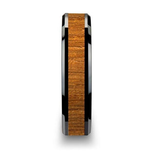 SAGON Black Ceramic Ring with Polished Bevels and Teak Wood Inlay - 6mm - 10mm