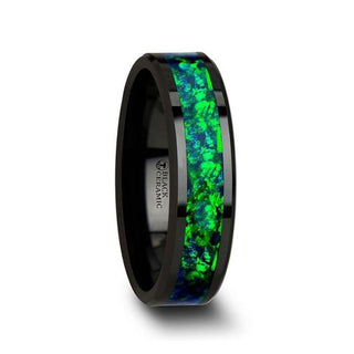 PULSAR Black Ceramic Wedding Band with Beveled Edges and Emerald Green & Sapphire Blue Color Opal Inlay - 6mm or 8 mm