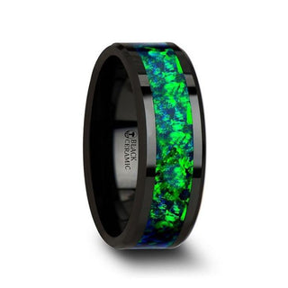 PULSAR Black Ceramic Wedding Band with Beveled Edges and Emerald Green & Sapphire Blue Color Opal Inlay - 6mm or 8 mm
