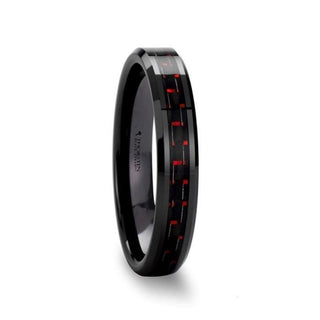 ANTONIUS Beveled Black Ceramic Ring with Black & Red Carbon Fiber - 4mm - 10mm