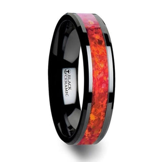 NOVA Black Ceramic Wedding Band with Beveled Edges and Red Opal Inlay - 4mm - 8mm