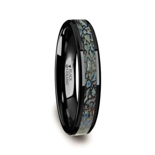 PERMIAN Blue Dinosaur Bone Inlaid Black Ceramic Beveled Edged Ring - 4mm or 8mm