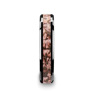 CAMBRIAN Pink Dinosaur Bone Inlaid Black Ceramic Beveled Edged Ring - 4mm & 8mm