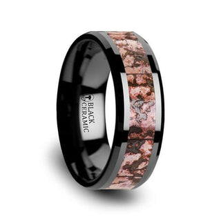 CAMBRIAN Pink Dinosaur Bone Inlaid Black Ceramic Beveled Edged Ring - 4mm & 8mm