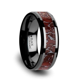 TRIASSIC Red Dinosaur Bone Inlaid Black Ceramic Beveled Edged Ring - 4mm