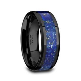 MARLOW Men’s Polished Black Ceramic Wedding Band with Blue Lapis Inlay & Beveled Edges - 8mm