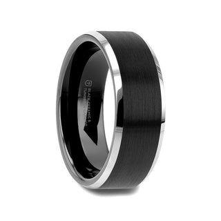 ARDEN Beveled Edged Tungsten Ring with Brushed Finish Black Ceramic Center - 6mm or 8mm