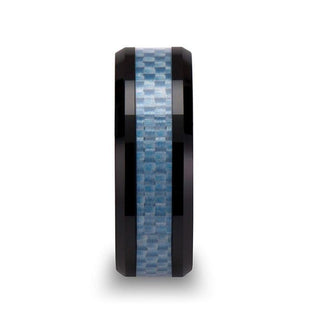 ATTICUS Beveled Blue Carbon Fiber Inlaid Black Ceramic Ring - 8mm