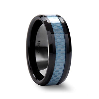 ATTICUS Beveled Blue Carbon Fiber Inlaid Black Ceramic Ring - 8mm