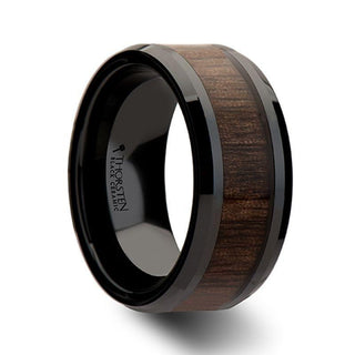 YUKON Beveled Black Ceramic Ring with Black Walnut Wood Inlay - 10mm