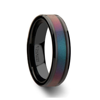 BARRACUDA Black Ceramic Ring with Bevels and Blue-Purple Color Changing Inlay - 6mm - 10mm