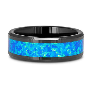 QUANTUM Black Ceramic Ring with Blue Green Opal Inlay - 4mm - 10mm