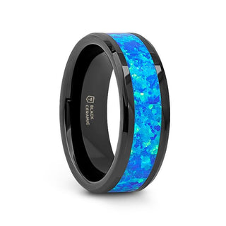 QUANTUM Black Ceramic Ring with Blue Green Opal Inlay - 4mm - 10mm