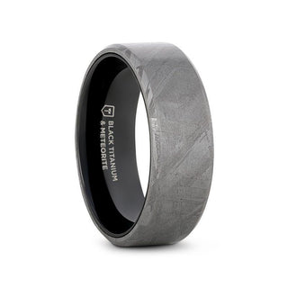 DIEMOS Flat Black Titanium Ring with Meteorite and Beveled Edges - 8mm