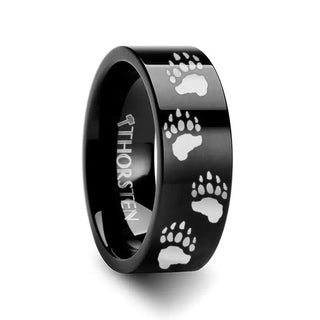 Animal Track Bear Paw Print Engraved Ring Black Tungsten Ring Polished - 4mm - 12mm