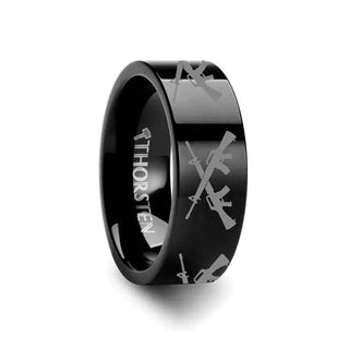 M16 CROSSED Print Design Ring Engraved Flat Tungsten Black Ring - 4mm - 12mm