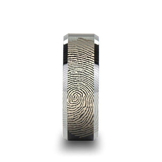 Fingerprint Engraved Flat Black Tungsten Ring with Brushed Finish with Polished Beveled Edges - Aston - 4mm - 10mm