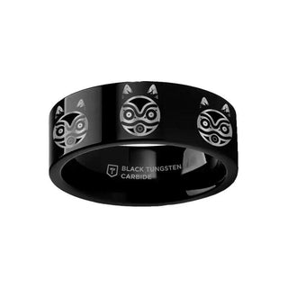 Engraved Princess Mononoke San Mask Black Tungsten Ring Flat Polished Finish - 4mm - 12mm
