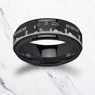 Spinning Engraved Super Mario Bros Pixel Level Game Black Tungsten Carbide Spinner Wedding Band - 8mm