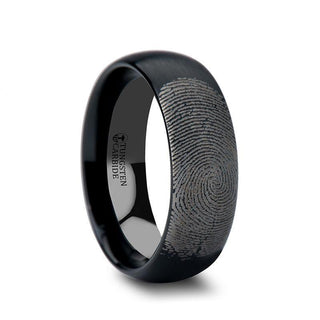 Fingerprint Engraved Domed Black Tungsten Ring with Brushed Finish - Raider - 4mm - 12mm