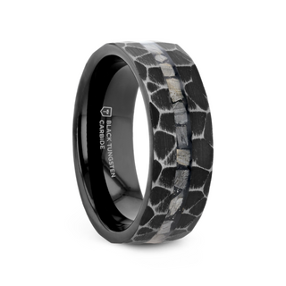 FISSURE Black Tungsten Ring with Hammered Finish and Meteorite Inlay - 8mm