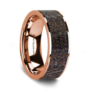 Flat Polished 14K Rose Gold Wedding Ring with Dark Deer Antler Inlay - 8 mm