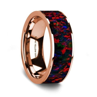 Flat Polished 14K Rose Gold Wedding Ring with Black and Red Opal Inlay - 8 mm
