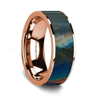 Flat Polished 14K Rose Gold Wedding Ring with Spectrolite Inlay - 8 mm
