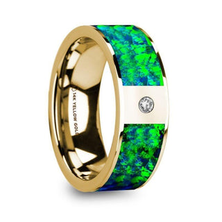 ALEXIS Flat Polished 14K Yellow Gold with Emerald Green and Sapphire Blue Opal Inlay & Diamond Setting - 8mm