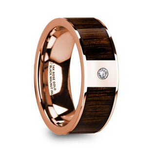 MITROS Men’s Polished 14k Rose Gold & Black Walnut Inlay Wedding Ring with Diamond - 8mm