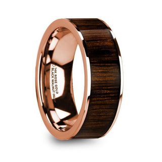 MITSOS Polished 14k Rose Gold Men’s Ring with Black Walnut Wood Inlay - 8mm
