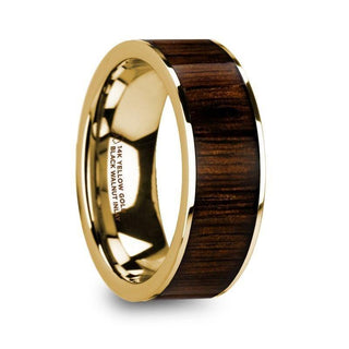 PELAGIA Men’s Polished 14k Yellow Gold with Black Walnut Inlay Wedding Ring - 8mm