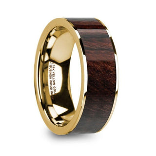 SOLON 14k Yellow Gold & Bubinga Wood Inlaid Men’s Flat Wedding Ring with Polished Finish - 8mm