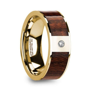 SOPHOS Men’s Carpathian Wood Inlaid Polished 14k Yellow Gold Wedding Band with Diamond - 8mm