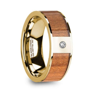 SPYROS Men’s Sapele Wood Inlaid 14k Yellow Gold Polished Wedding Ring with Diamond Center - 8mm