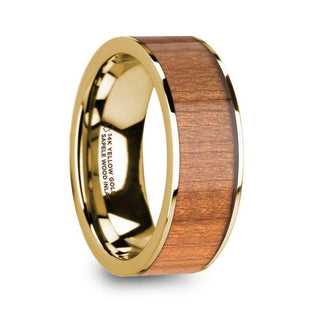 SPIRO Men’s Polished 14k Yellow Gold Flat Wedding Ring with Sapele Wood Inlay - 8mm
