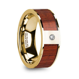 TOBIT Men’s Polished 14k Yellow Gold Wedding Ring with Padauk Wood Inlay & Diamond - 8mm