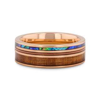 MOANA Smoked Rose Gold Tungsten Ring with Hawaiian Koa Wood Abalone & Guitar String - 8mm